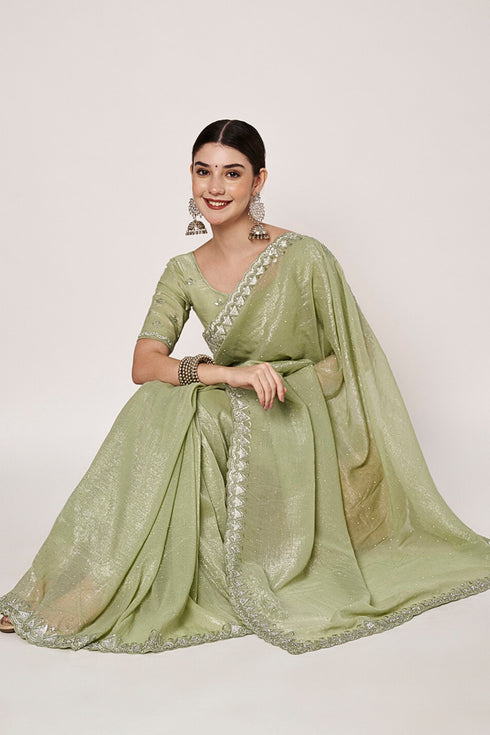 Embroidery Jarkan & Swarovski Gold Crush Sea Green Saree