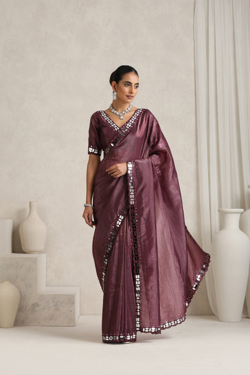 Wine Berry Mirror Handwork Saree with Mirrior work Silk Blouse