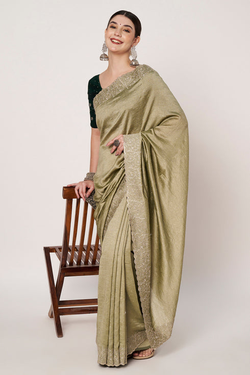 Embroidery Swarovski Vichitra Silk Sea Green Saree