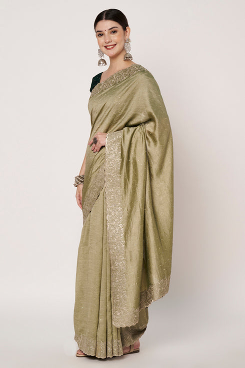 Embroidery Swarovski Vichitra Silk Sea Green Saree