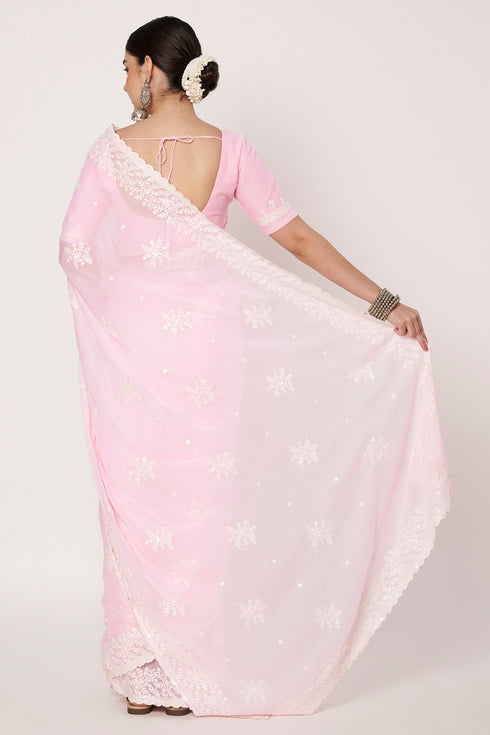 White Embroidered & Sequin Work Baby Pink Georgette Saree
