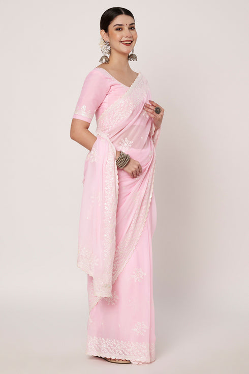 White Embroidered & Sequin Work Baby Pink Georgette Saree