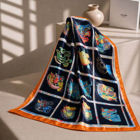 Klishaaart Women Black Abstract Multi Motif Satin Silk scarf