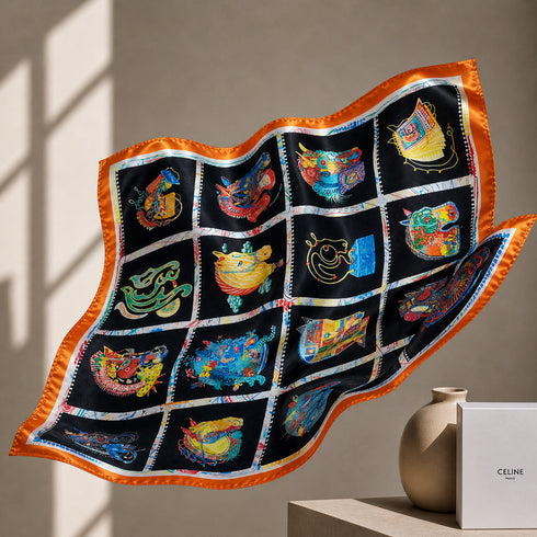 Klishaaart Women Black Abstract Multi Motif Satin Silk scarf