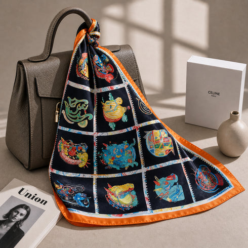 Klishaaart Women Black Abstract Multi Motif Satin Silk scarf