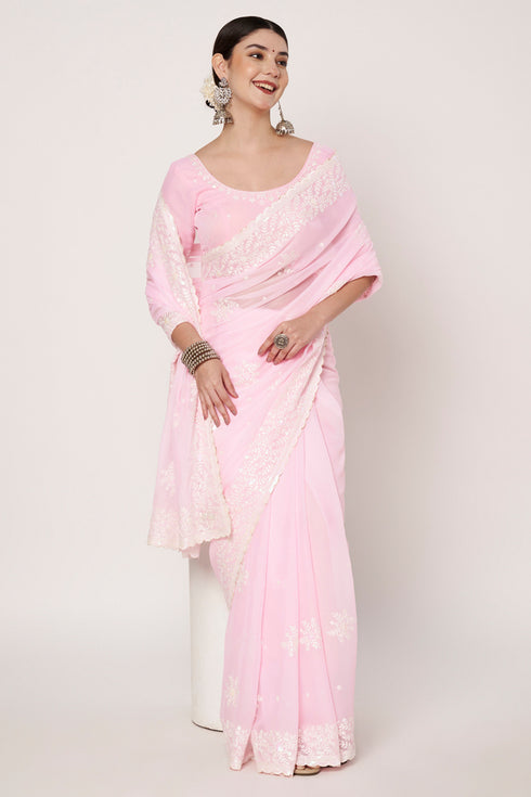 White Embroidered & Sequin Work Baby Pink Georgette Saree