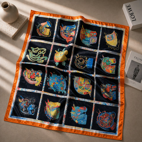 Klishaaart Women Black Abstract Multi Motif Satin Silk scarf