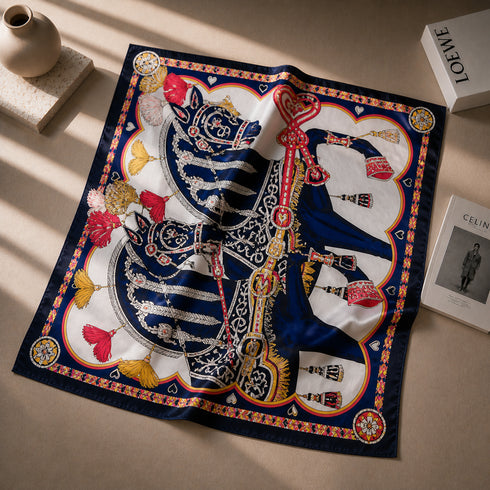 Klishaaart Women Navy Blue Equestrian Print Satin Silk Scarf