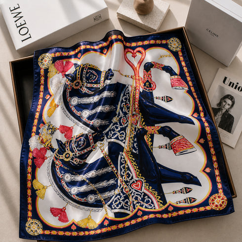 Klishaaart Women Navy Blue Equestrian Print Satin Silk Scarf
