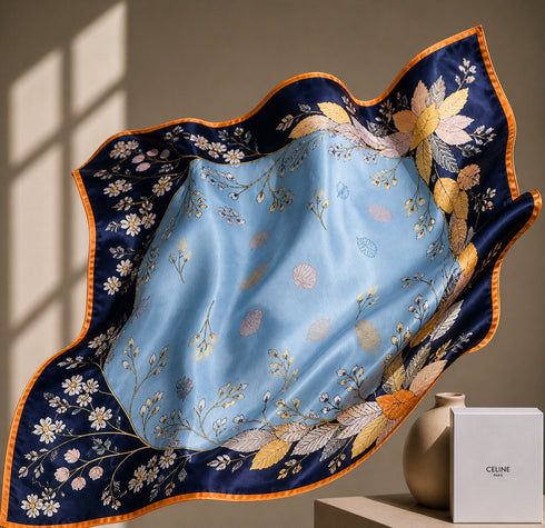 Klishaaart Women Blue Floral Print Satin Silk Scarf – Elegant Designer Luxury Square Scarf