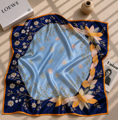 Klishaaart Women Blue Floral Print Satin Silk Scarf – Elegant Designer Luxury Square Scarf