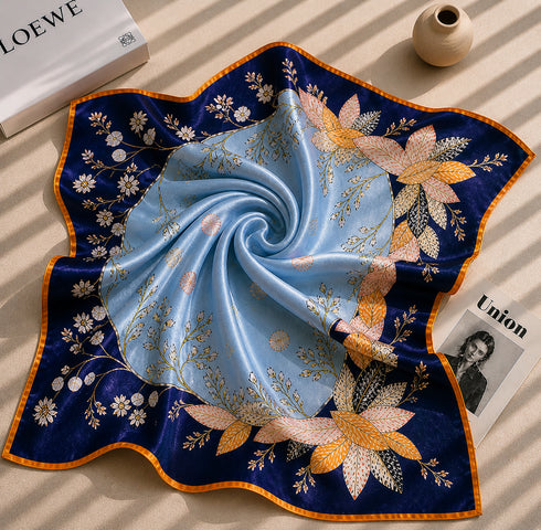 Klishaaart Women Blue Floral Print Satin Silk Scarf – Elegant Designer Luxury Square Scarf