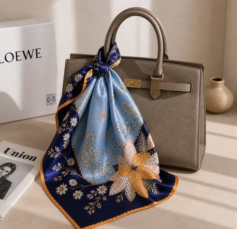 Klishaaart Women Blue Floral Print Satin Silk Scarf – Elegant Designer Luxury Square Scarf