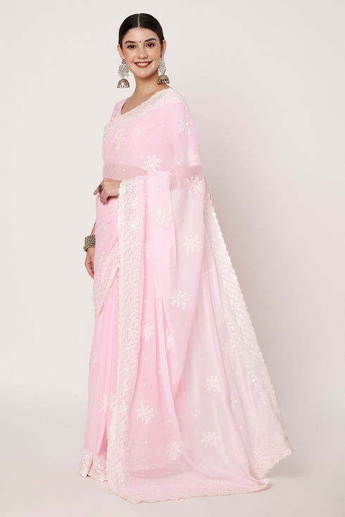 White Embroidered & Sequin Work Baby Pink Georgette Saree