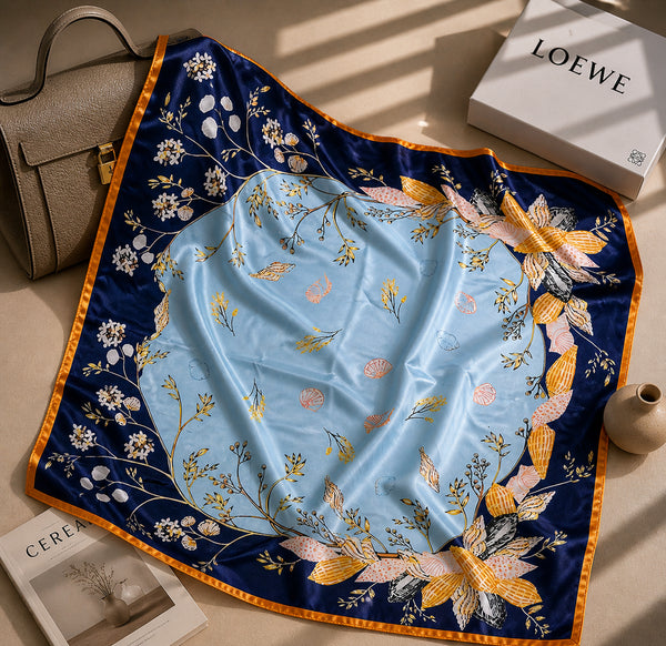 Klishaaart Women Blue Floral Print Satin Silk Scarf – Elegant Designer Luxury Square Scarf