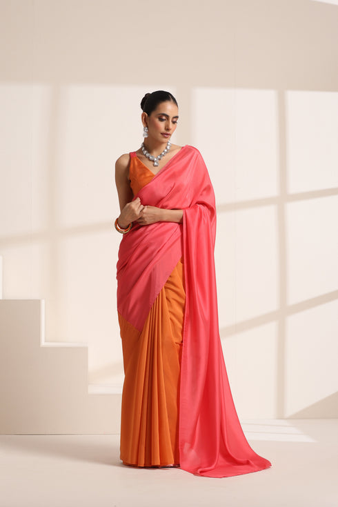 Peach Pink and Orange Silk Saree