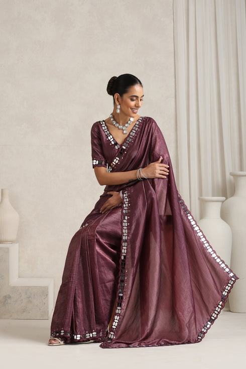 Wine Berry Mirror Handwork Saree with Mirrior work Silk Blouse
