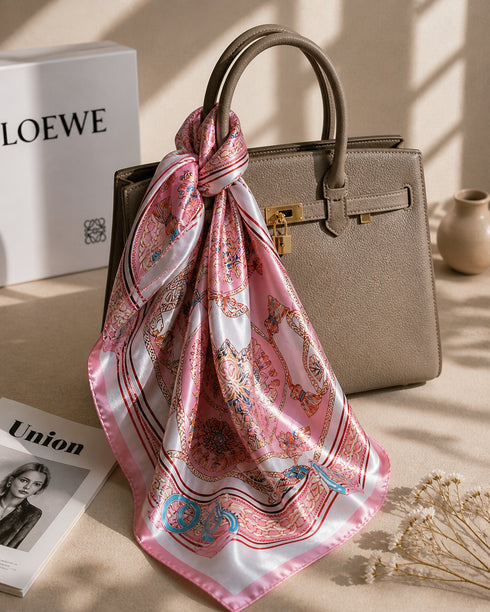 Klishaaart Women Pink Baroque Print Satin Silk Scarf – Elegant Luxury Designer Square Scarf