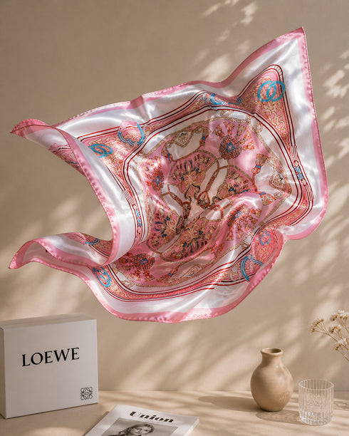 Klishaaart Women Pink Baroque Print Satin Silk Scarf – Elegant Luxury Designer Square Scarf