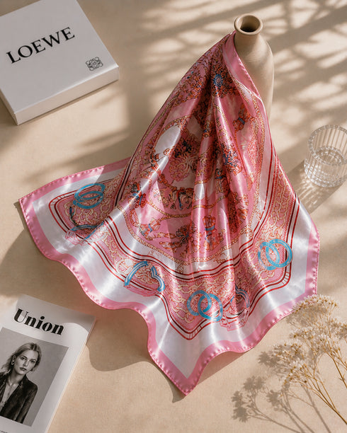 Klishaaart Women Pink Baroque Print Satin Silk Scarf – Elegant Luxury Designer Square Scarf