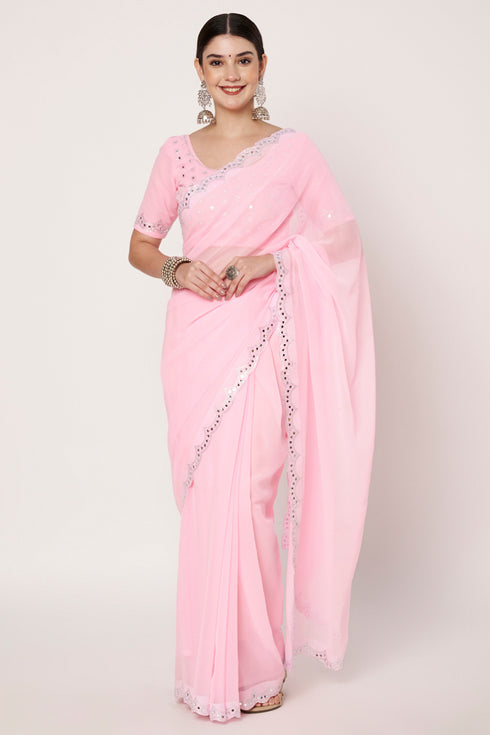Mirror & Swarovski Work Baby Pink Georgette Saree