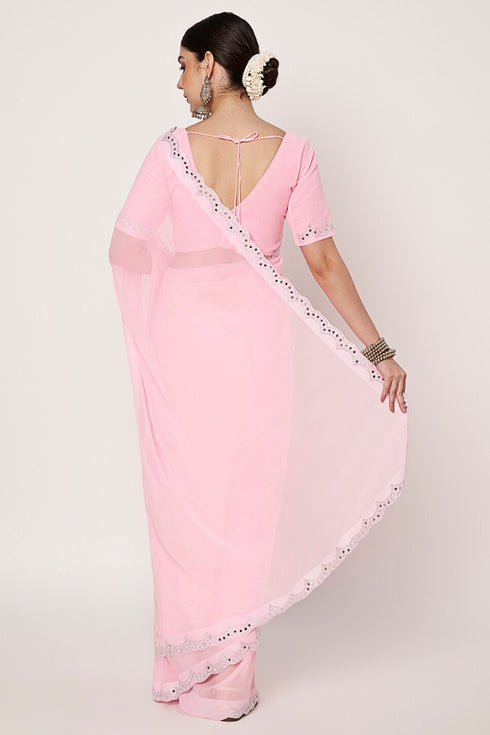 Mirror & Swarovski Work Baby Pink Georgette Saree