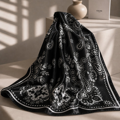 Klishaaart Women Black Paisley Print Satin Silk Scarf – Elegant Designer Square Scarf