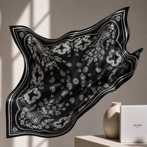 Klishaaart Women Black Paisley Print Satin Silk Scarf – Elegant Designer Square Scarf