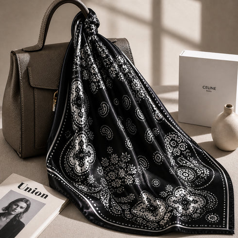 Klishaaart Women Black Paisley Print Satin Silk Scarf – Elegant Designer Square Scarf