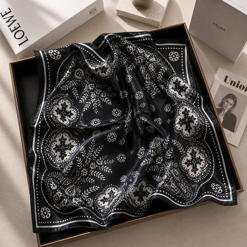 Klishaaart Women Black Paisley Print Satin Silk Scarf – Elegant Designer Square Scarf