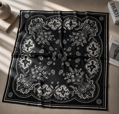 Klishaaart Women Black Paisley Print Satin Silk Scarf – Elegant Designer Square Scarf