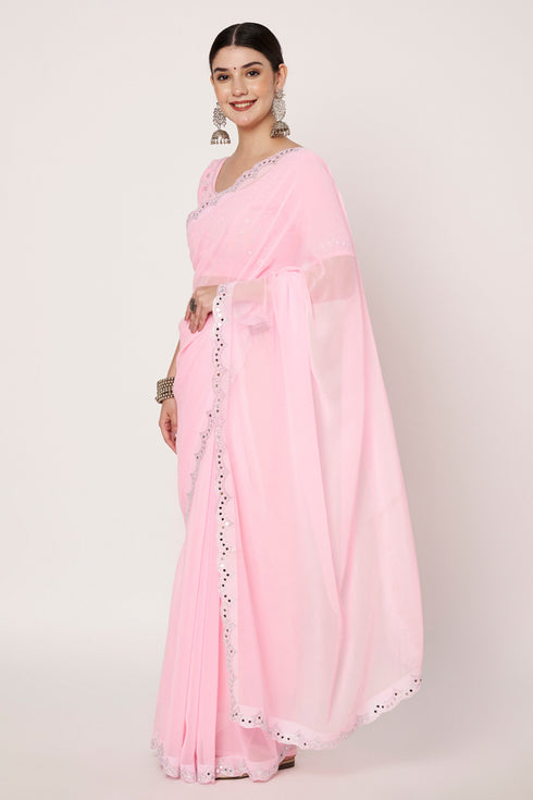 Mirror & Swarovski Work Baby Pink Georgette Saree