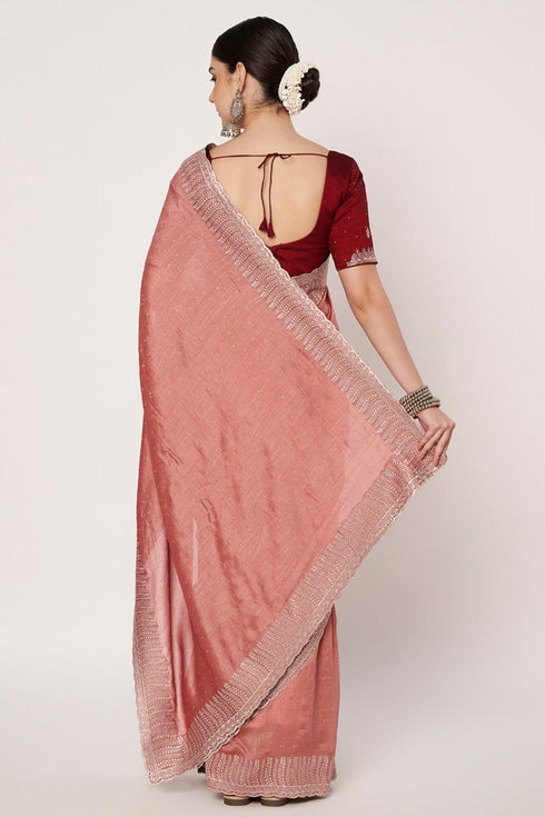 Rust Vichitra Silk Saree with Embroidery & Siroski Work