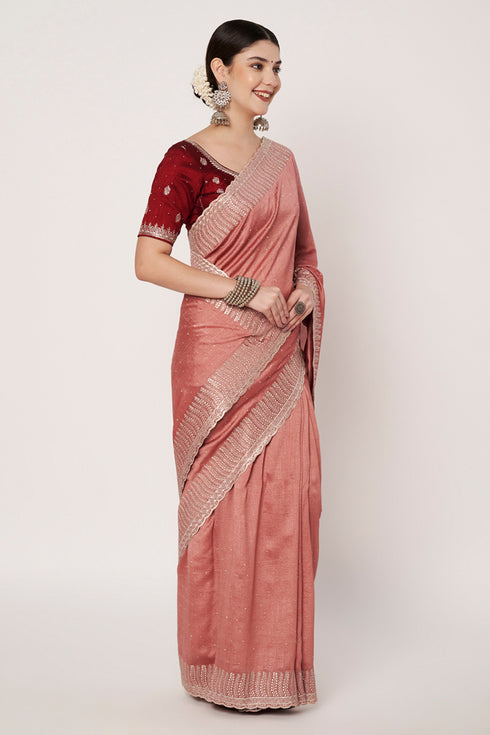 Rust Vichitra Silk Saree with Embroidery & Siroski Work