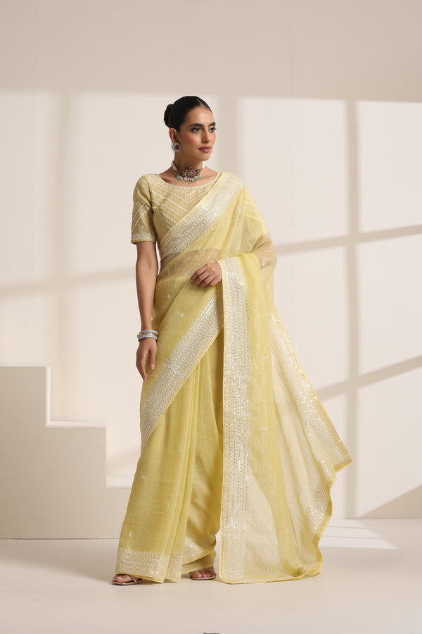 Light Yellow Chiffon Saree with Silver Embroidery Work
