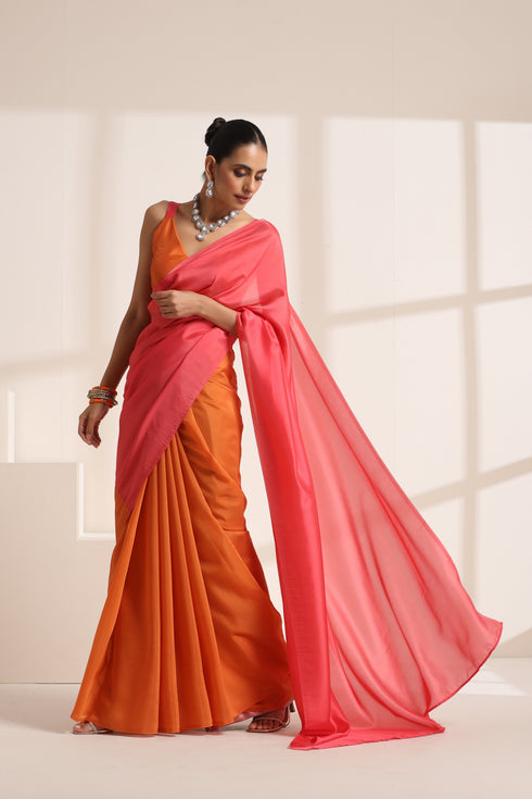 Peach Pink and Orange Silk Saree