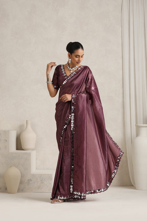 Wine Berry Mirror Handwork Saree with Mirrior work Silk Blouse