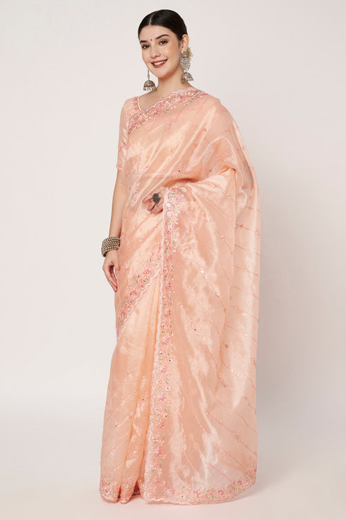 Peach Organza Saree with Embroidery, Jarkan & Mirror Work
