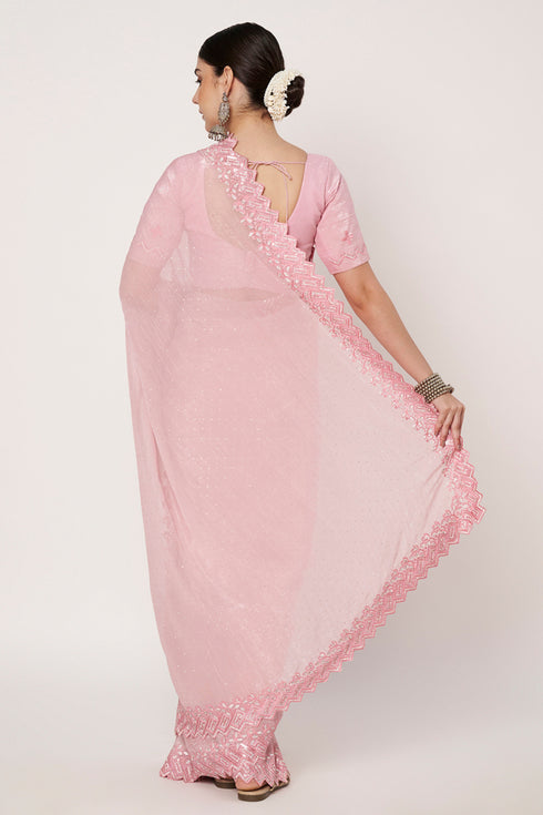 Pink Currency Silk Saree with Embroidery, Jarkan & Siroski Work