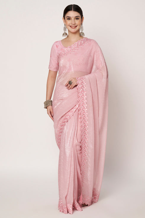 Pink Currency Silk Saree with Embroidery, Jarkan & Siroski Work