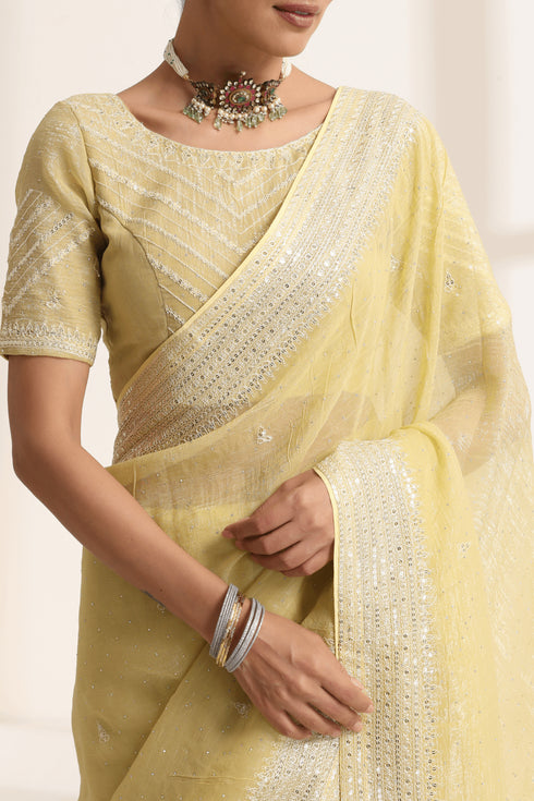 Light Yellow Chiffon Saree with Silver Embroidery Work