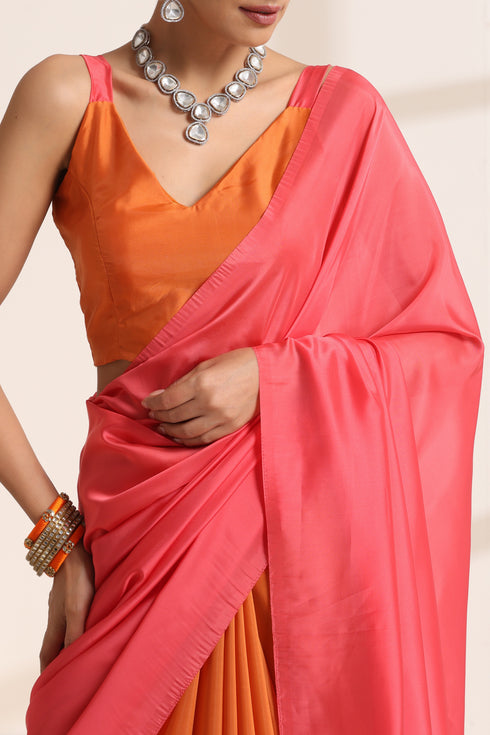 Peach Pink and Orange Silk Saree