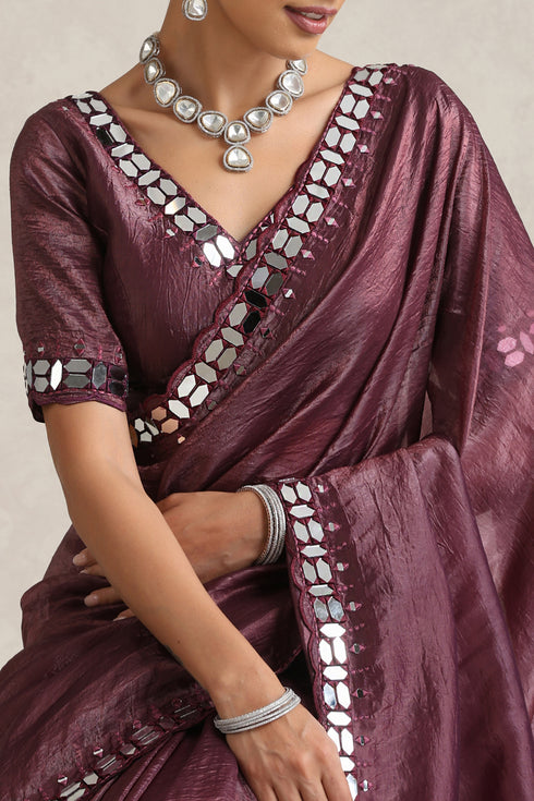 Wine Berry Mirror Handwork Saree with Mirrior work Silk Blouse