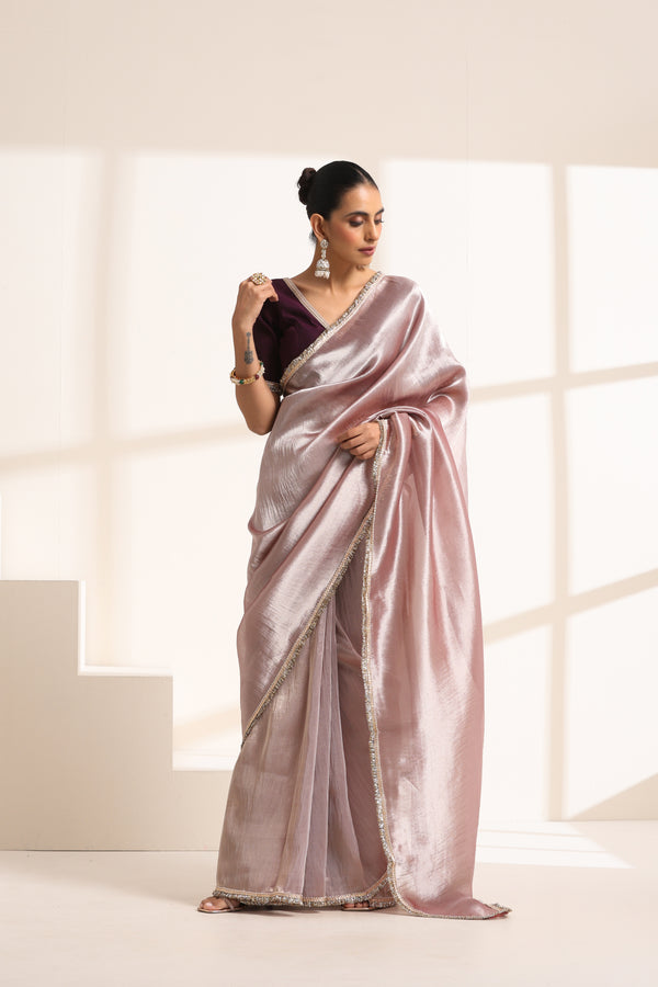 Rose Gold Silk Organza Saree with Lampi Lace Border