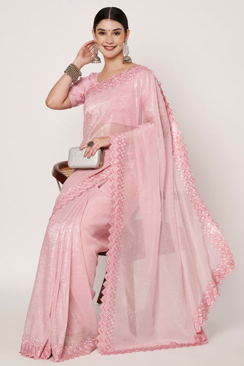 Pink Currency Silk Saree with Embroidery, Jarkan & Siroski Work