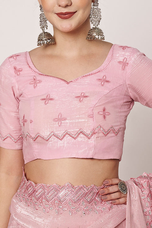 Pink Currency Silk Saree with Embroidery, Jarkan & Siroski Work