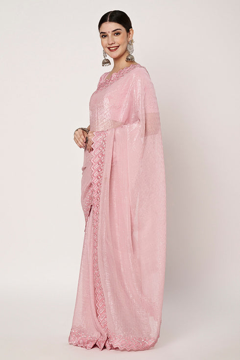 Pink Currency Silk Saree with Embroidery, Jarkan & Siroski Work