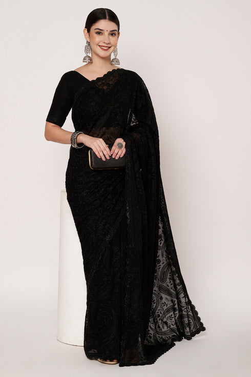 Black Georgette Saree with Embroidery & Siroski Work