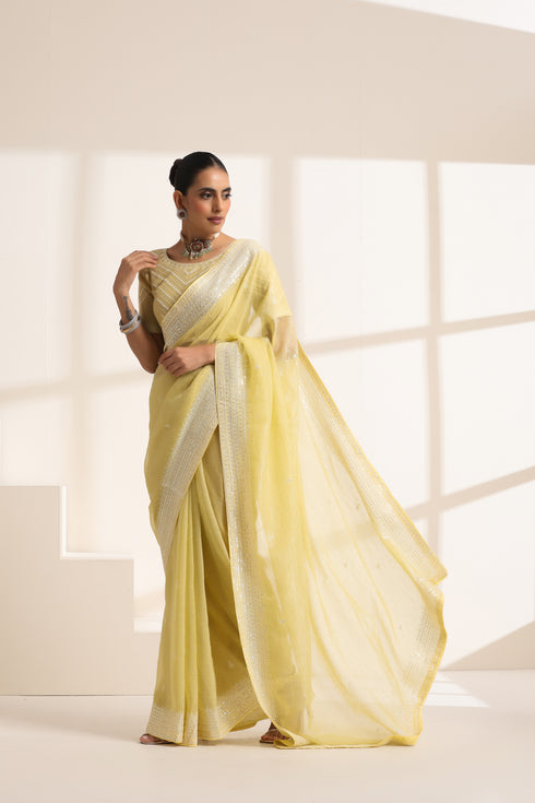 Light Yellow Chiffon Saree with Silver Embroidery Work