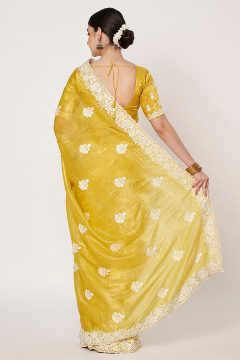 Yellow Gold Crush Saree with Embroidery & Hand Work